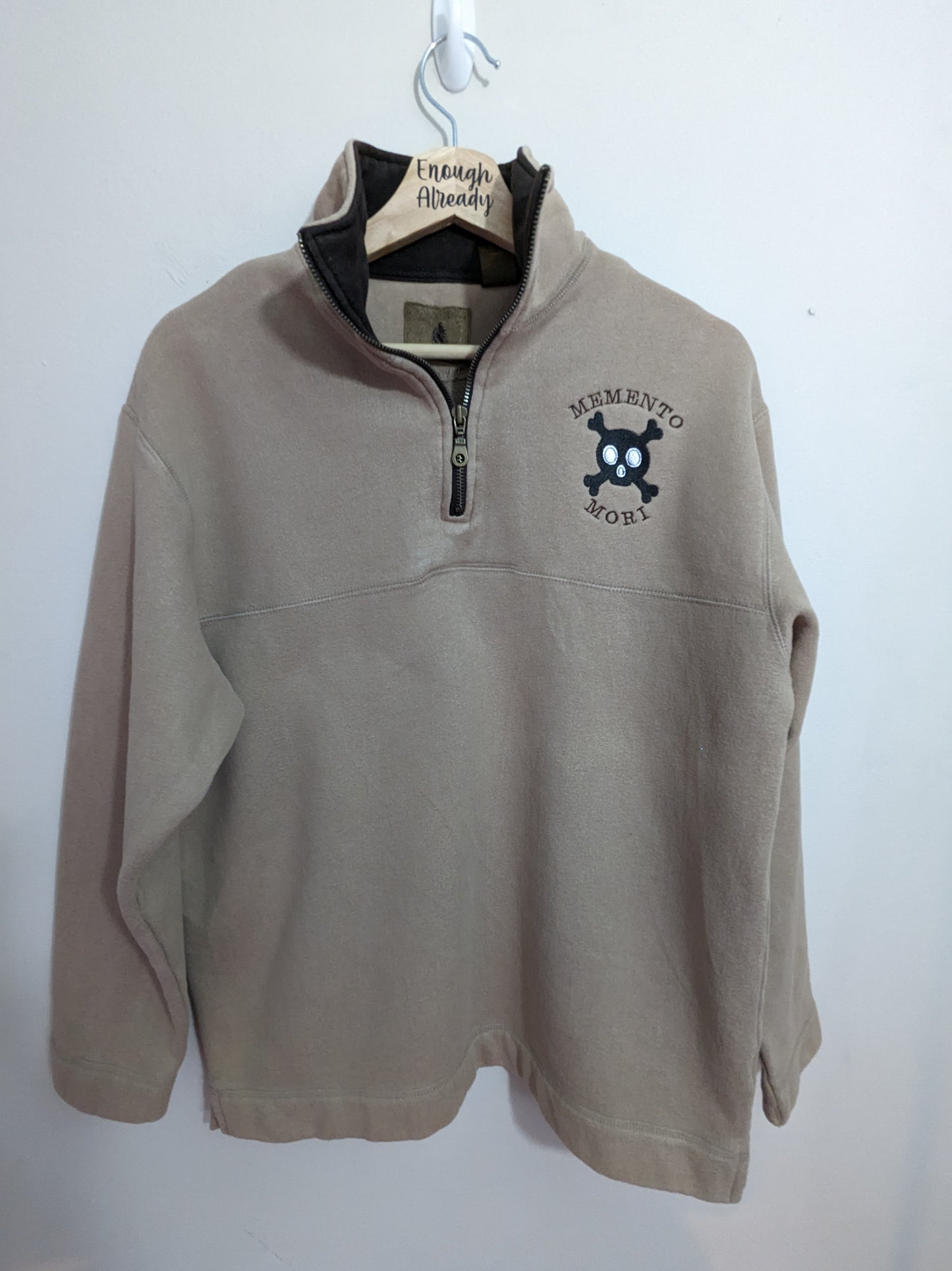 Small Beige and Brown Quarter Zip Sweatshirt - Embroidered Memento Mori Skull - Gothic Design