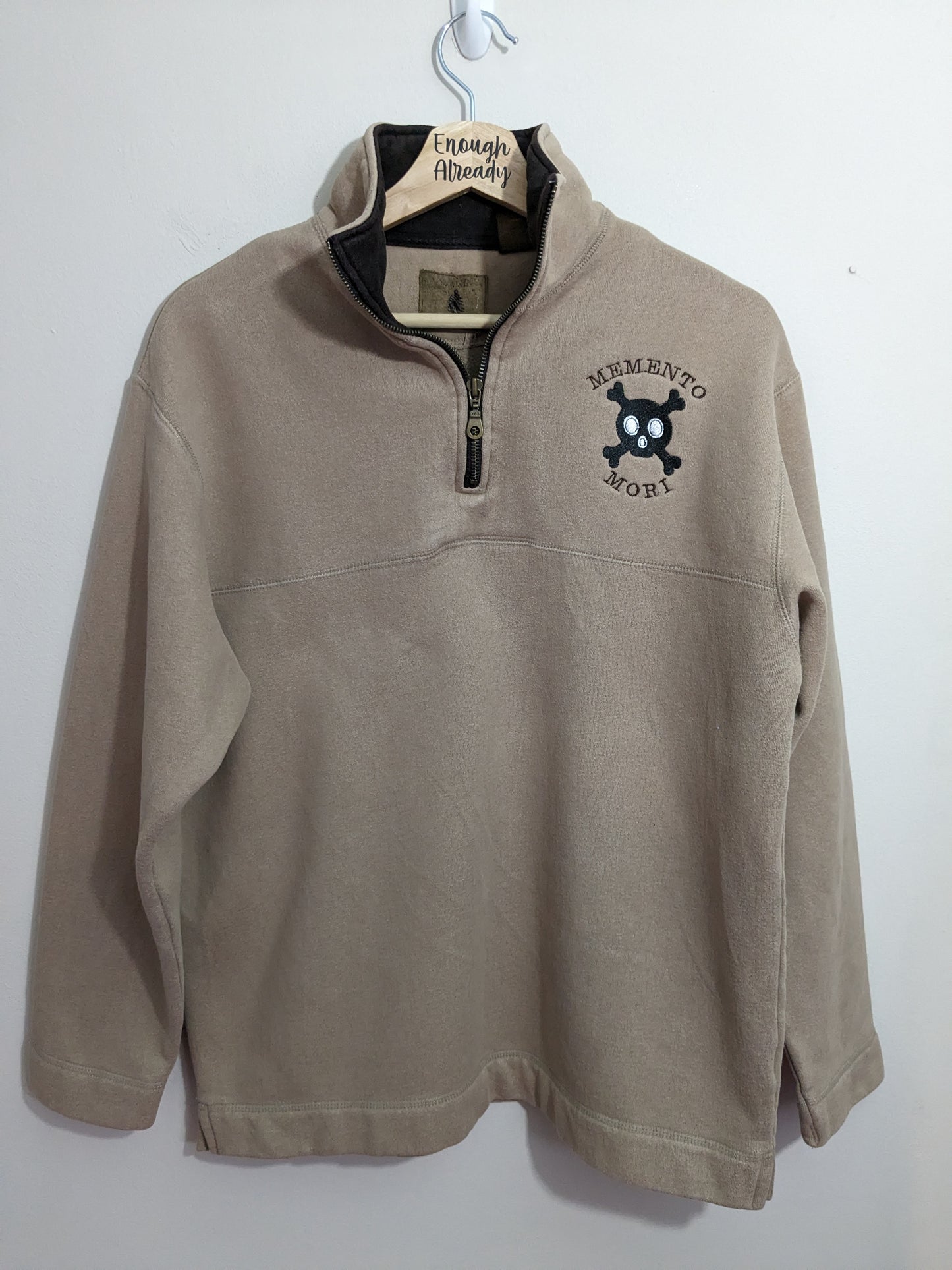 Small Beige and Brown Quarter Zip Sweatshirt - Embroidered Memento Mori Skull - Gothic Design