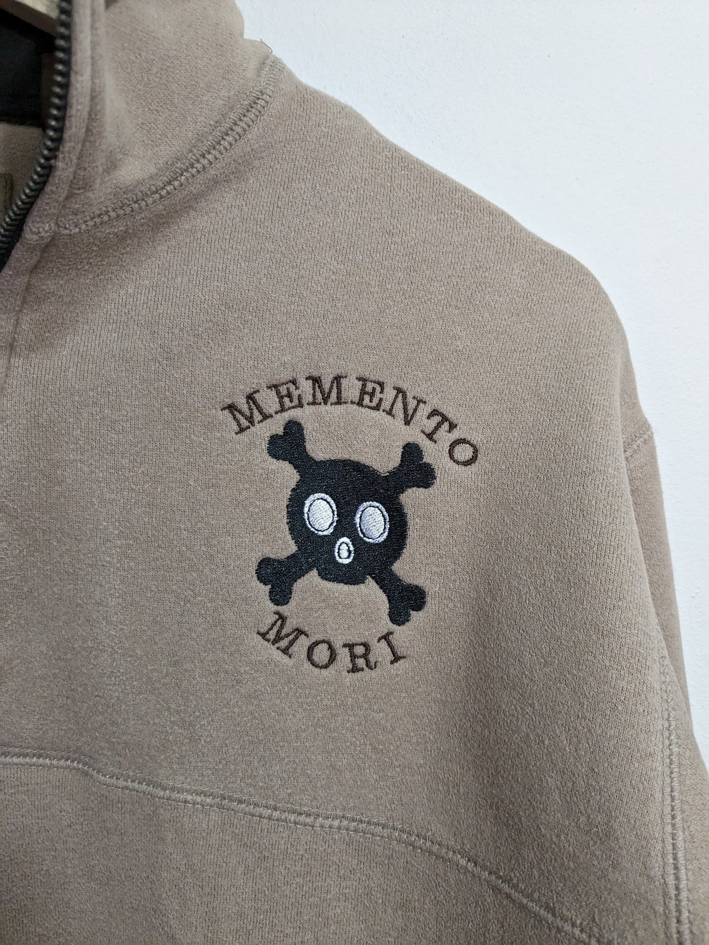 Small Beige and Brown Quarter Zip Sweatshirt - Embroidered Memento Mori Skull - Gothic Design