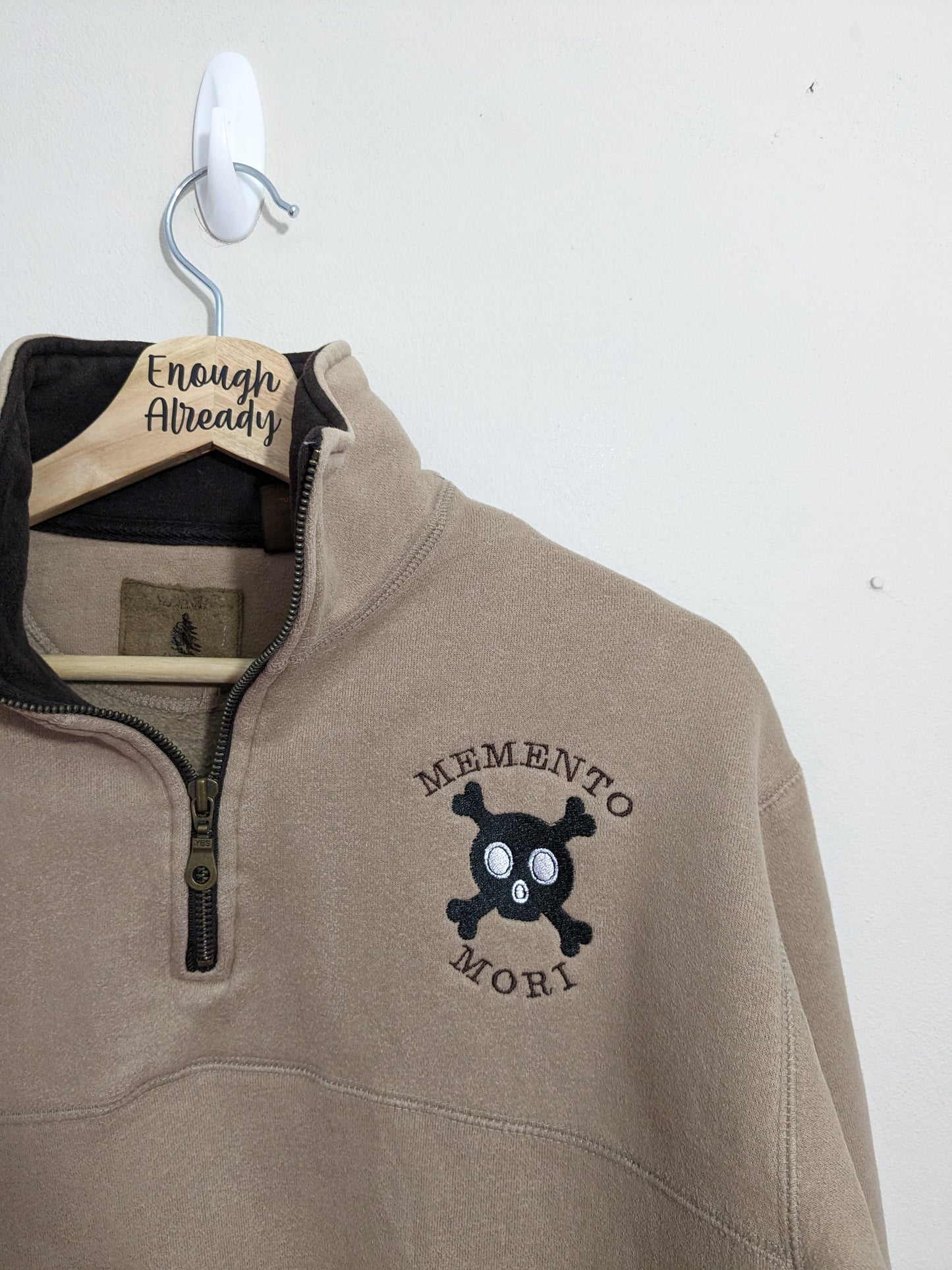 Small Beige and Brown Quarter Zip Sweatshirt - Embroidered Memento Mori Skull - Gothic Design