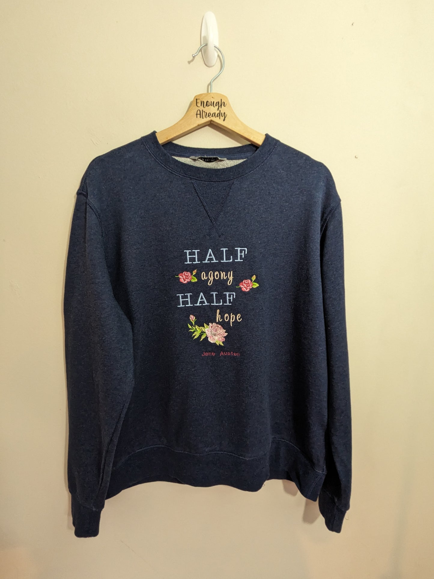 XL Navy Classic Jane Austen Sweatshirt - Half Agony Half Hope Embroidered Floral Motif