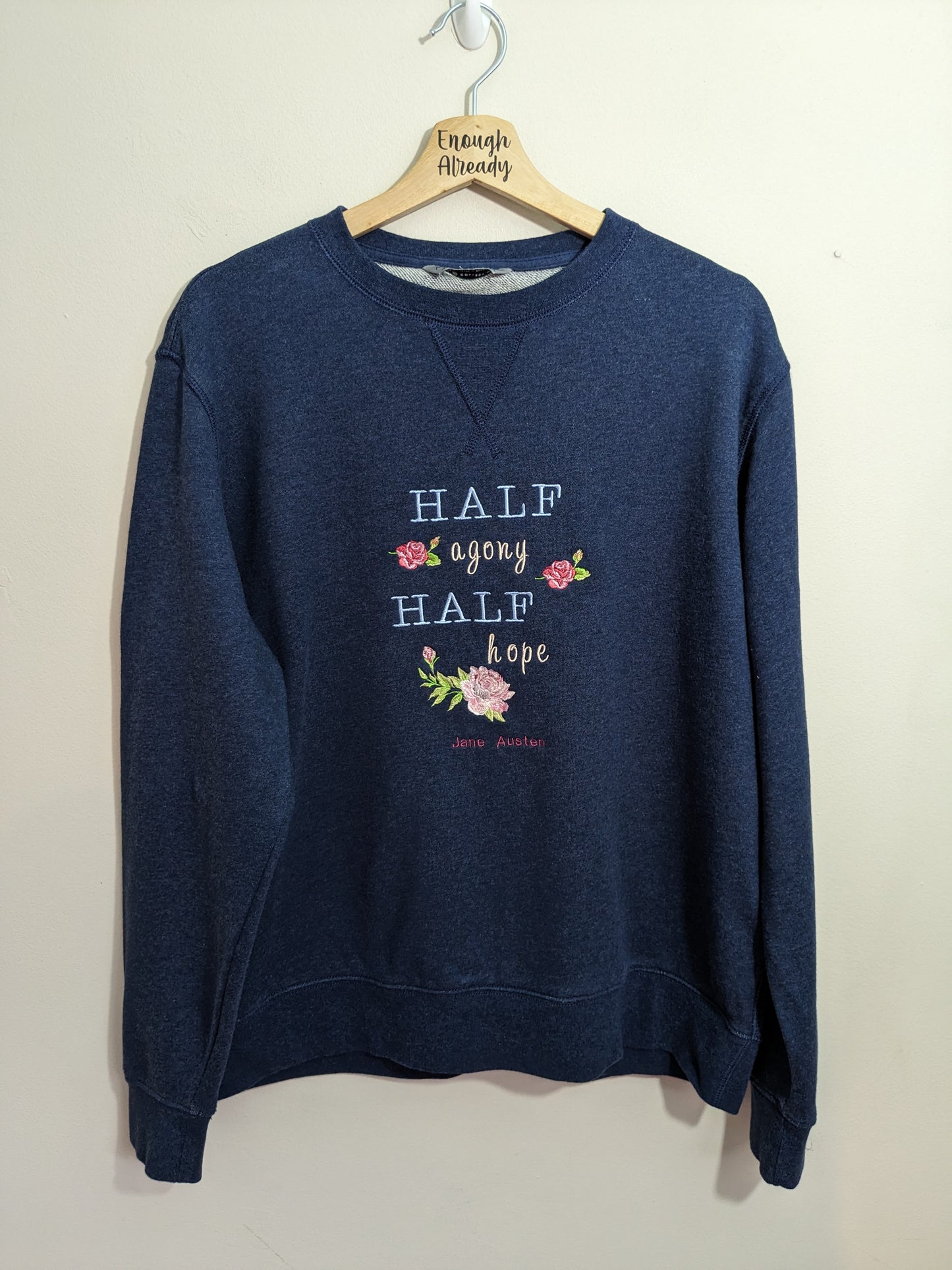 XL Navy Classic Jane Austen Sweatshirt - Half Agony Half Hope Embroidered Floral Motif