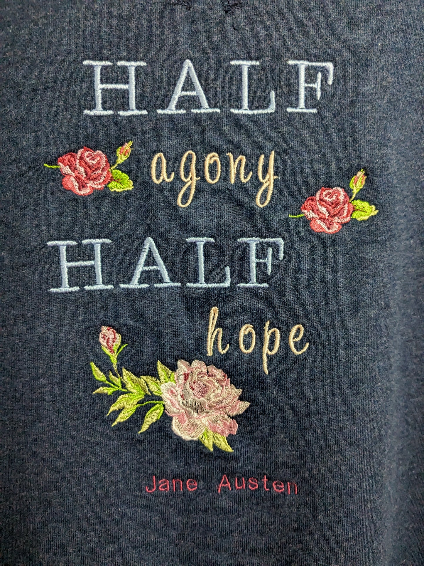 XL Navy Classic Jane Austen Sweatshirt - Half Agony Half Hope Embroidered Floral Motif