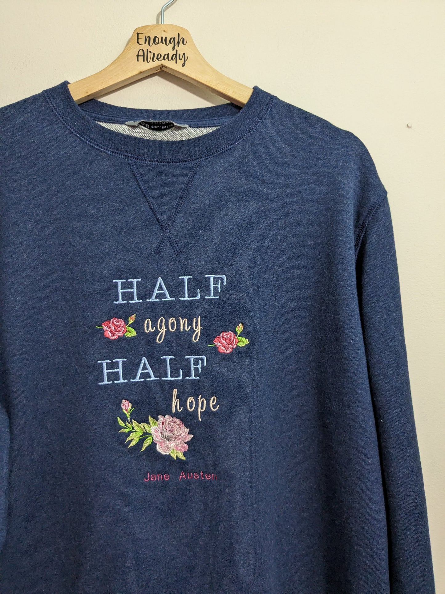 XL Navy Classic Jane Austen Sweatshirt - Half Agony Half Hope Embroidered Floral Motif