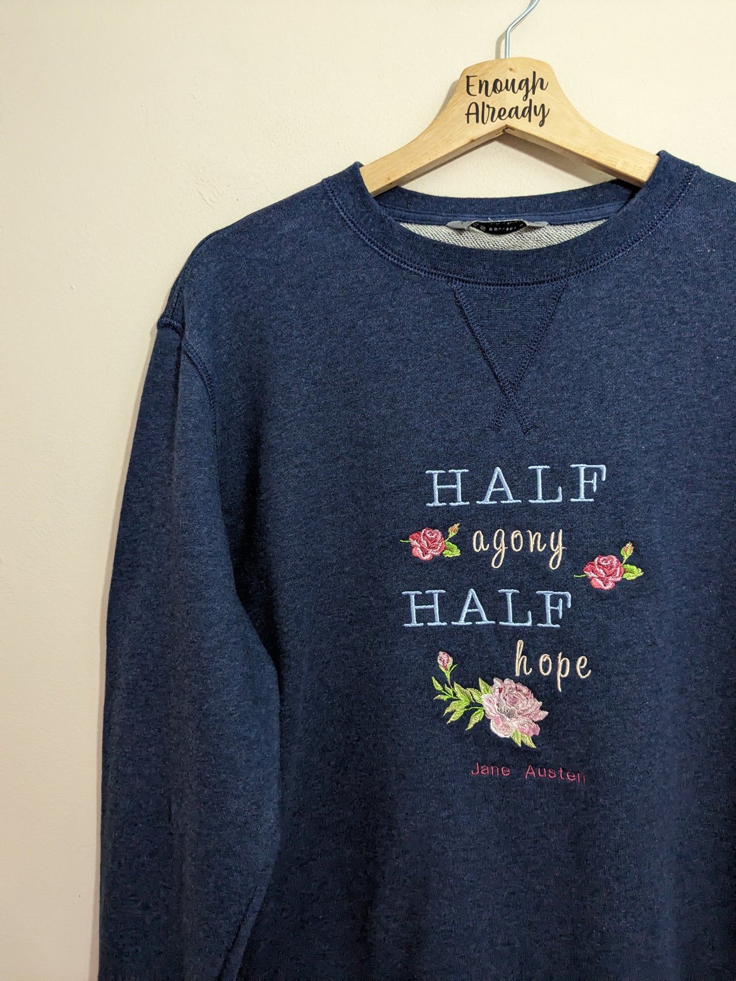 XL Navy Classic Jane Austen Sweatshirt - Half Agony Half Hope Embroidered Floral Motif