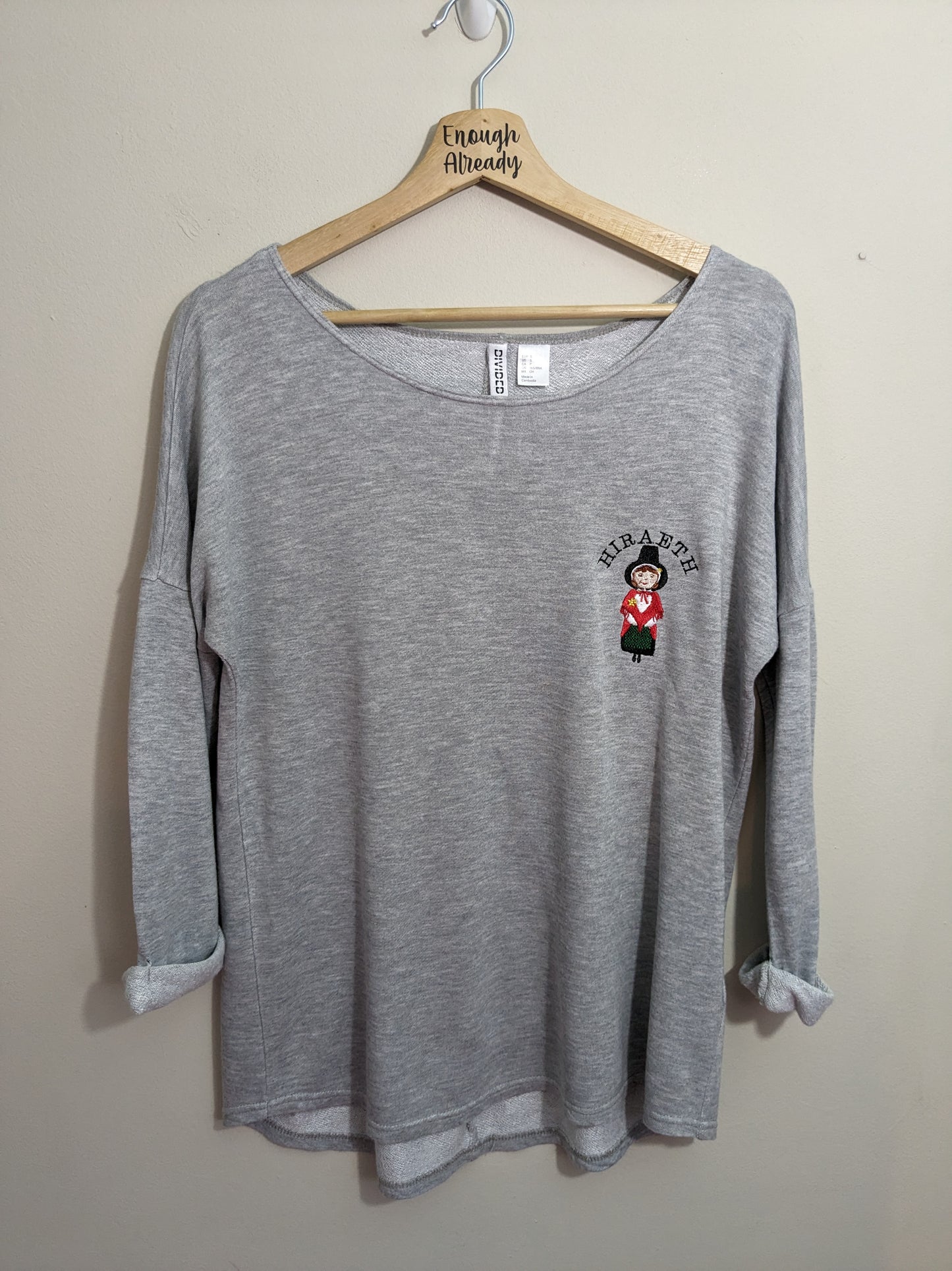 Size Small - Repurposed Lightweight Grey Sweatshirt - Embroidered Little Welsh Girl - Hiraeth Design