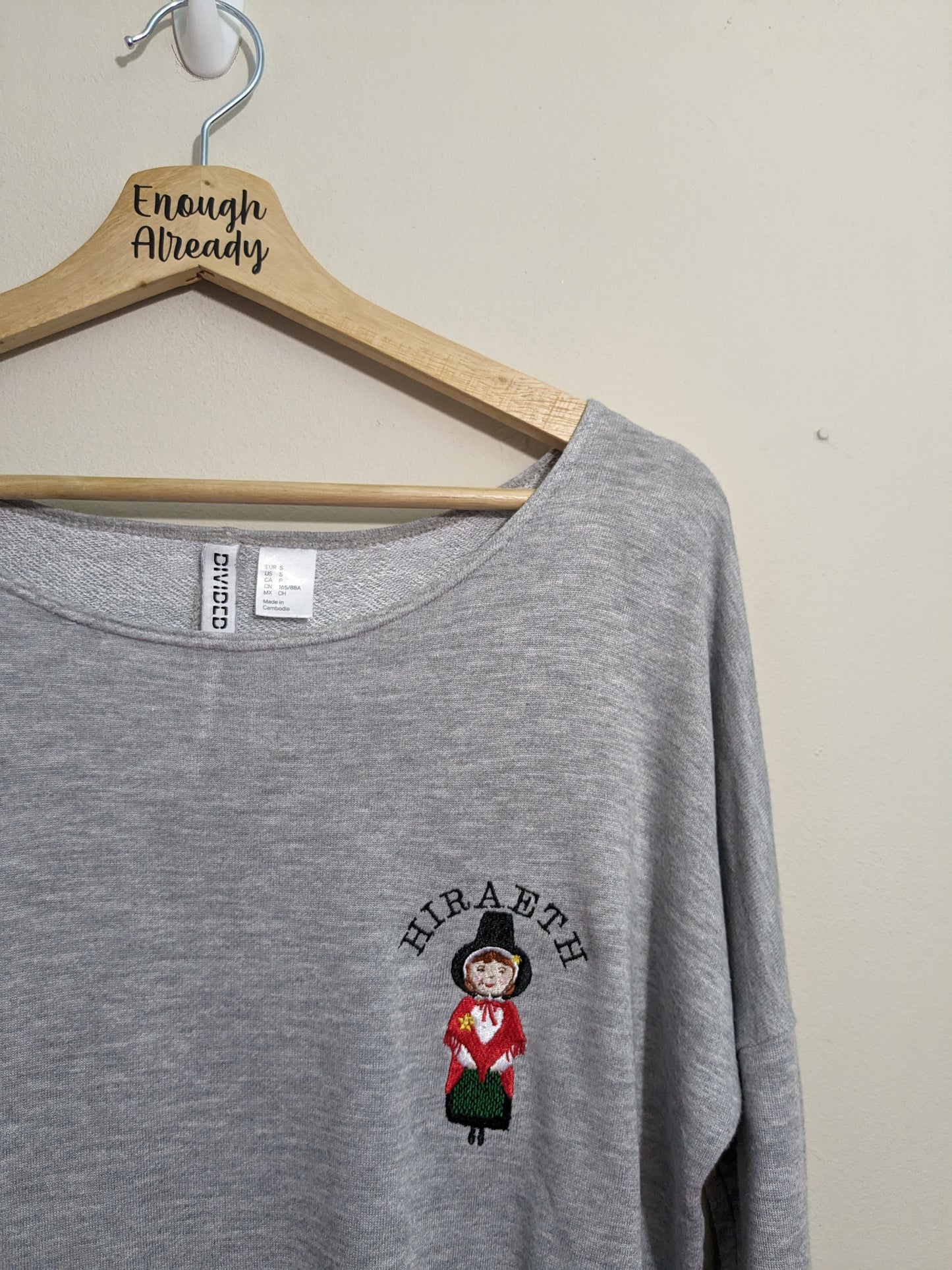 Size Small - Repurposed Lightweight Grey Sweatshirt - Embroidered Little Welsh Girl - Hiraeth Design