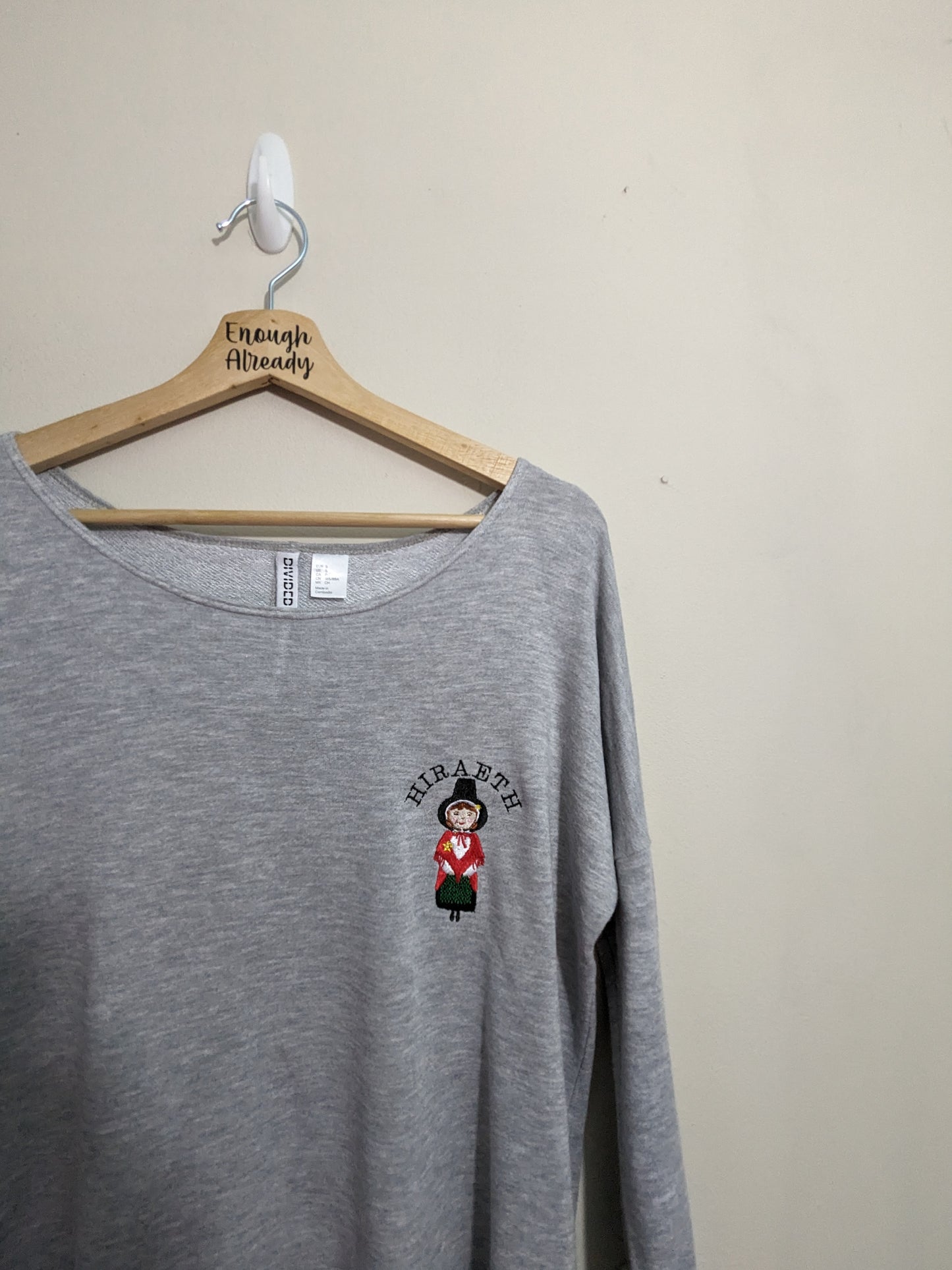 Size Small - Repurposed Lightweight Grey Sweatshirt - Embroidered Little Welsh Girl - Hiraeth Design