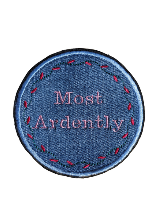 Recycled Denim Embroidered Sew On Patch - Most Ardently - Jane Austen - Pride and Prejudice Floral Design