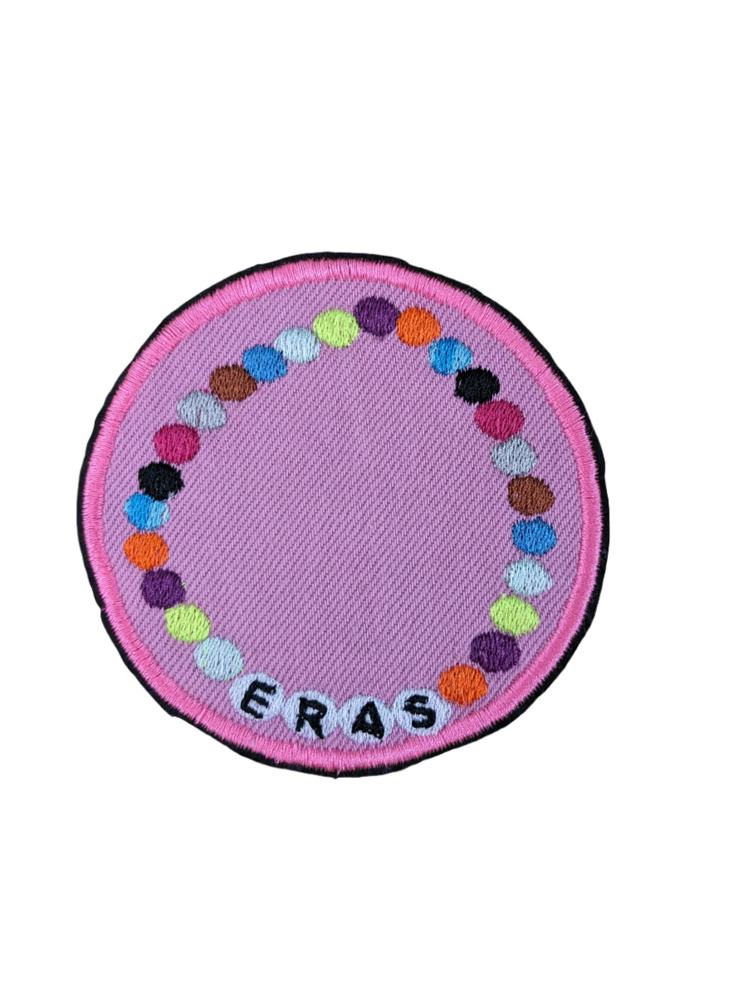 Bright Pink Eras Bracelet Inspired Recycled Denim Patch - Perfect for Swifties - Rainbow Colour Thread -