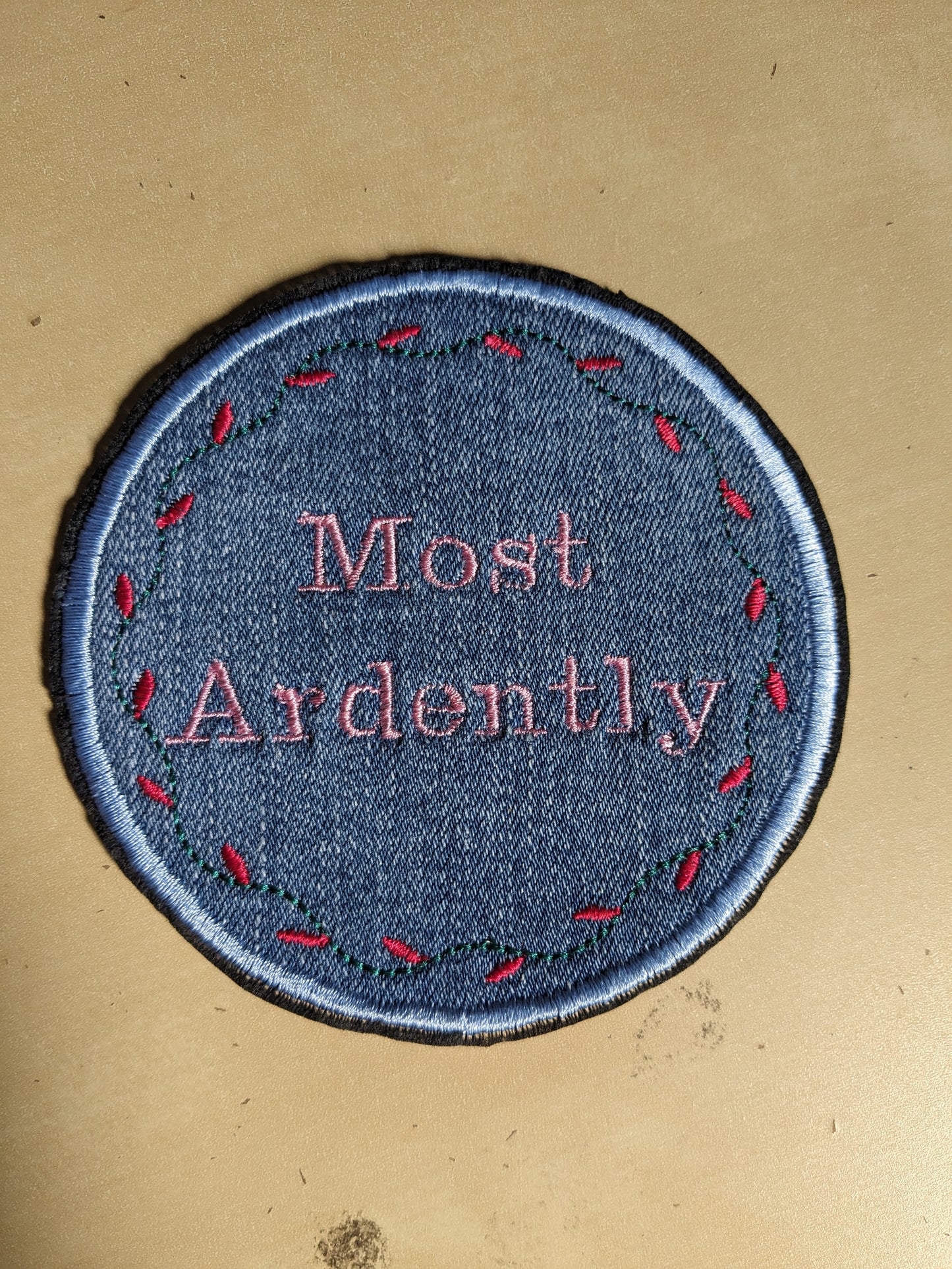 Recycled Denim Embroidered Sew On Patch - Most Ardently - Jane Austen - Pride and Prejudice Floral Design