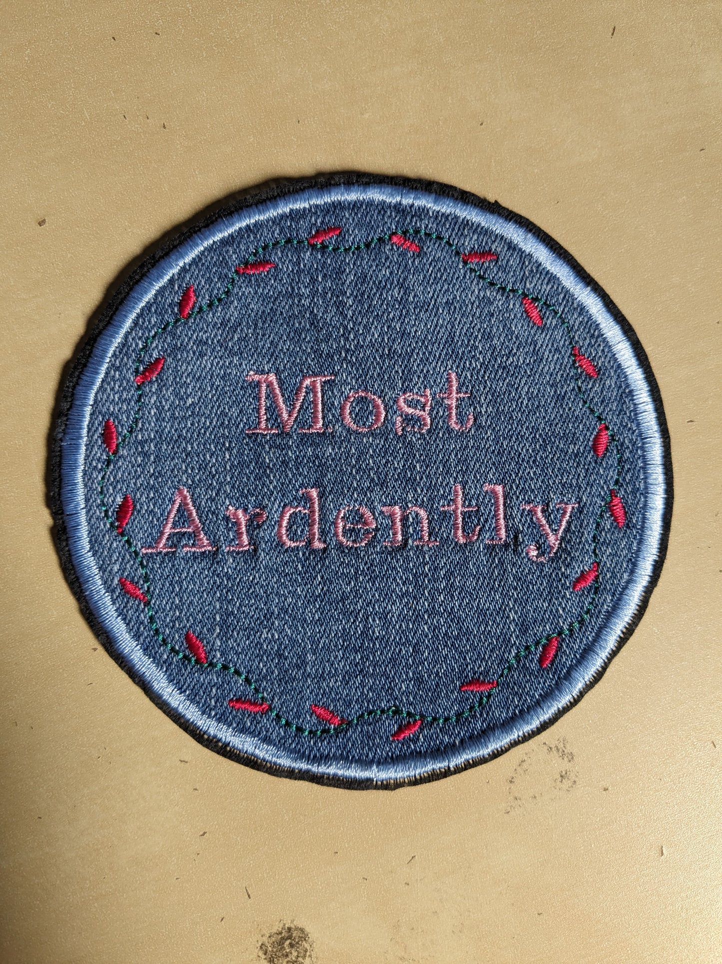 Recycled Denim Embroidered Sew On Patch - Most Ardently - Jane Austen - Pride and Prejudice Floral Design