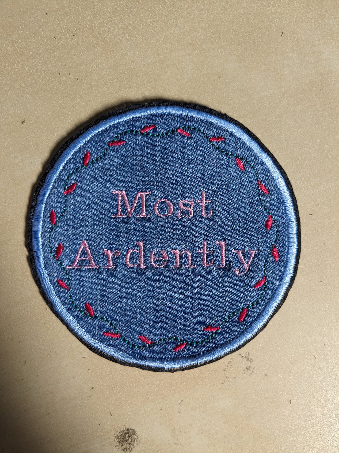 Recycled Denim Embroidered Sew On Patch - Most Ardently - Jane Austen - Pride and Prejudice Floral Design