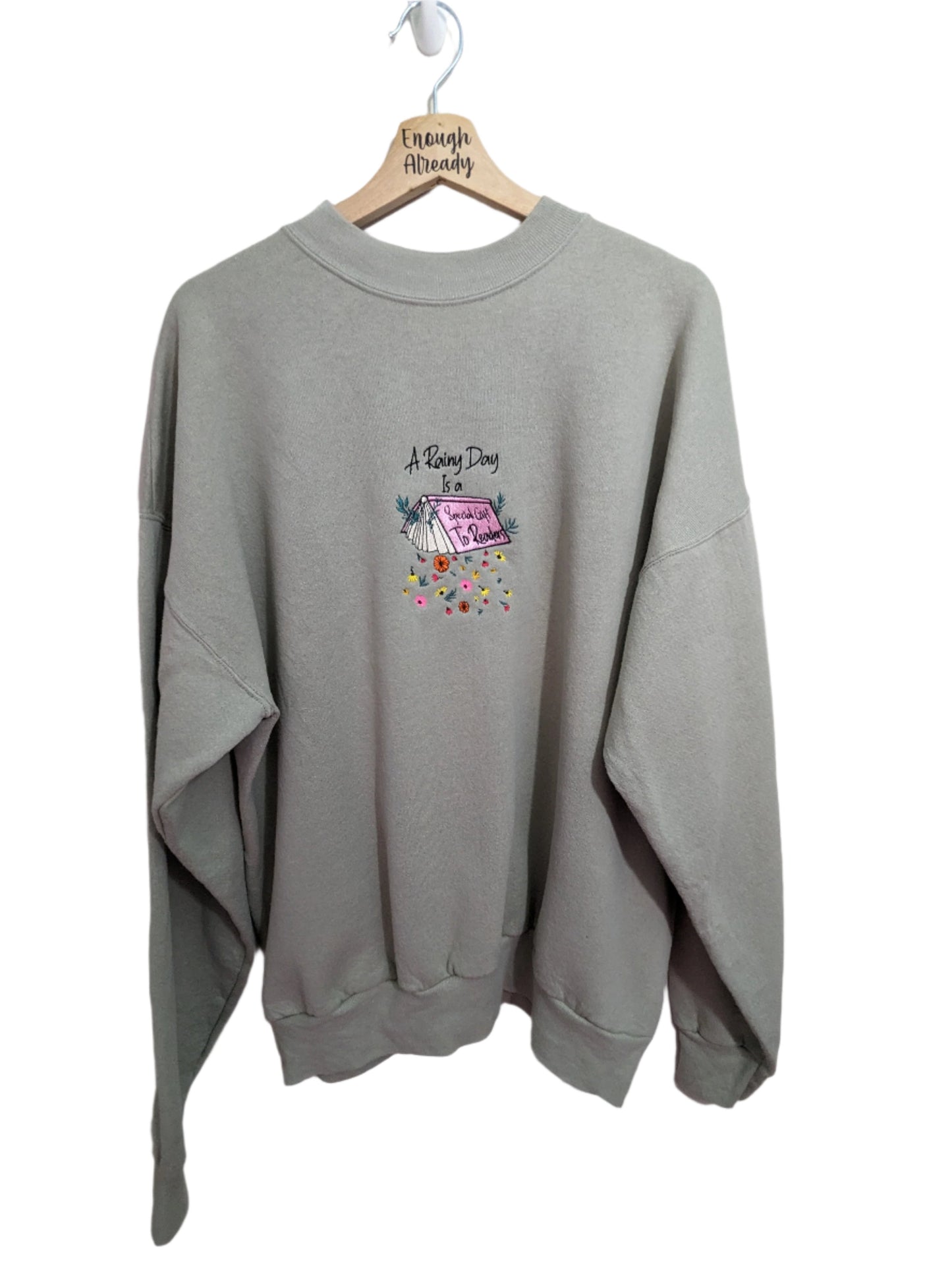 XXL Sage Green Retro Sweatshirt - Embroidered Bookish /  Rainy Day Design