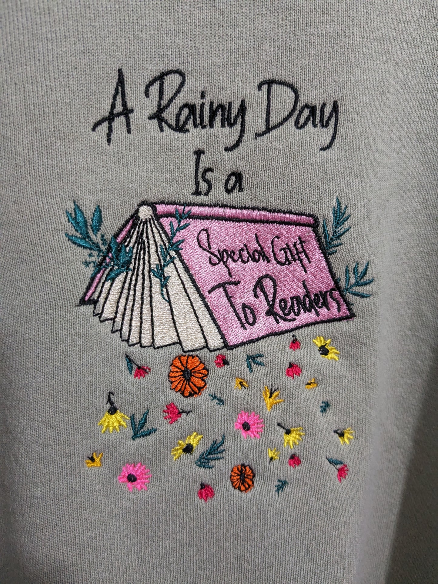 XXL Sage Green Retro Sweatshirt - Embroidered Bookish /  Rainy Day Design