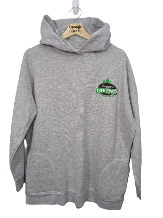 Size 14 Christmas Tree Farm - Light Grey Hoodie - Detailed Christmas Tree Embroidery - Perfect for Christmas Jumper Day