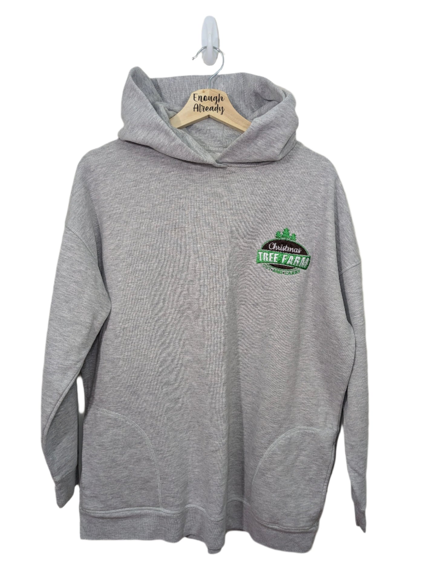 Size 14 Christmas Tree Farm - Light Grey Hoodie - Detailed Christmas Tree Embroidery - Perfect for Christmas Jumper Day