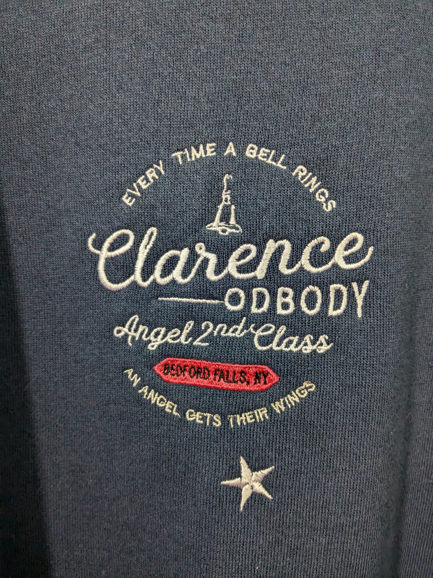 XL Navy Upcycled Christmas Jumper Sweatshirt - It's A Wonderful Life - Clarence Odbody Festive Design - Star Detail