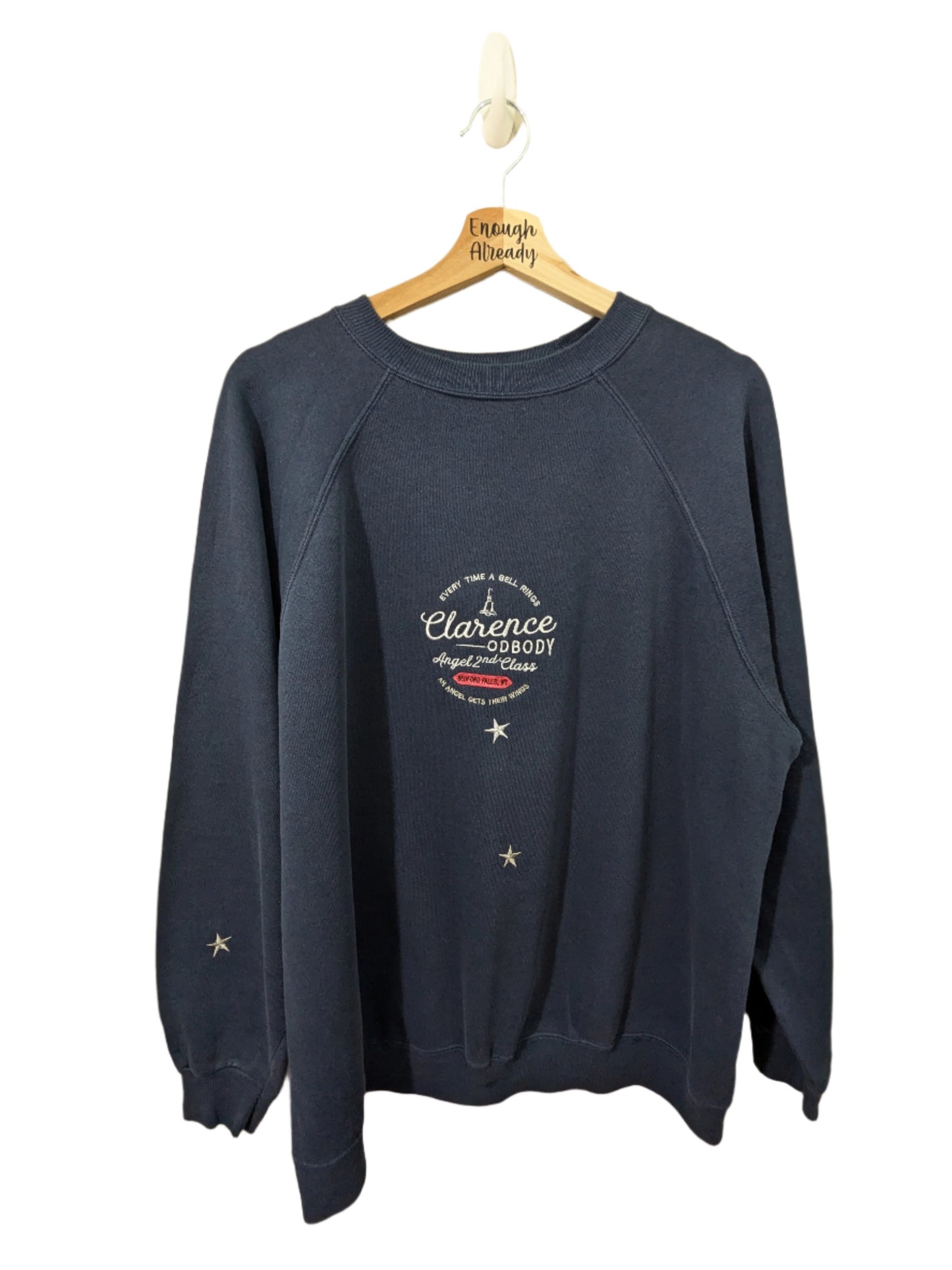 XL Navy Upcycled Christmas Jumper Sweatshirt - It's A Wonderful Life - Clarence Odbody Festive Design - Star Detail