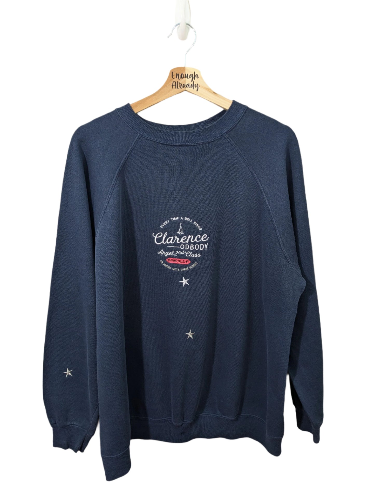 XL Navy Upcycled Christmas Jumper Sweatshirt - It's A Wonderful Life - Clarence Odbody Festive Design - Star Detail