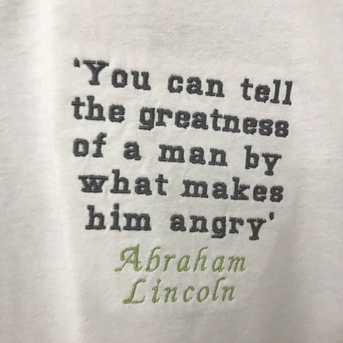 Size XL: White V-Neck T-shirt with Embroidered Abraham Lincoln Quote