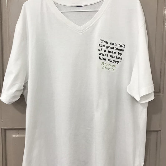 Size XL: White V-Neck T-shirt with Embroidered Abraham Lincoln Quote