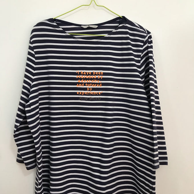 Size 22: Blue and White Striped 3/4 T-shirt with Embroidered Anne Brontë Quote