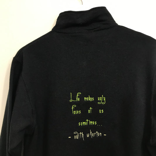 Size S: Black 1/4 Zip Sweatshirt - Embroidered Edith Wharton Quote
