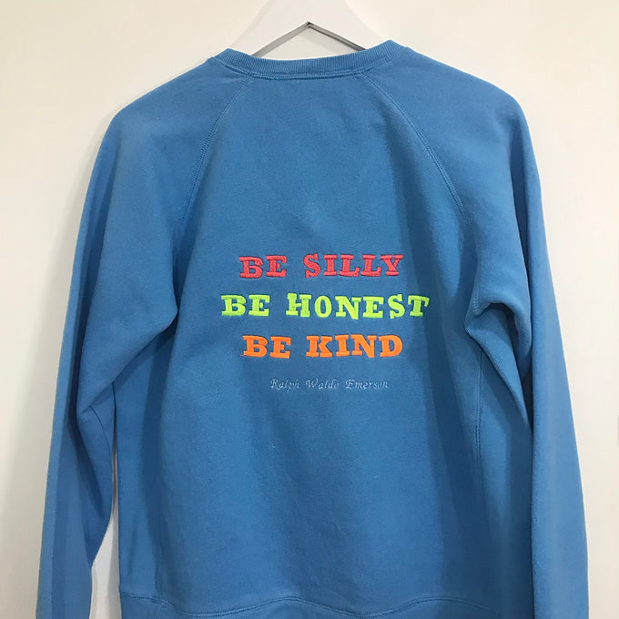Size S: Blue V-Neck Sweatshirt - Embroidered Ralph Waldo Emerson Quote