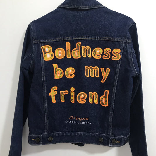 Size 10 Dark Blue Denim Jacket with Applique Lettering and Shakespeare Quote
