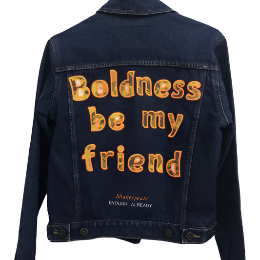 Size 10 Dark Blue Denim Jacket with Applique Lettering and Shakespeare Quote