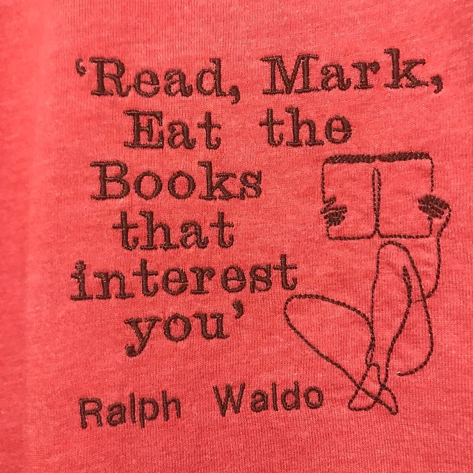 Size Men's Small: Red T-Shirt- Embroidered Bookish Outline - Ralph Waldo Quote