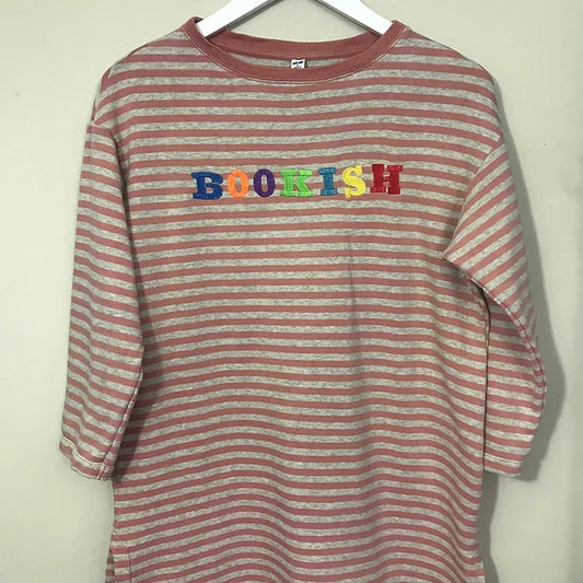 Size Small: Grey and Pink Striped Reworked Sweatshirt- Embroidered 'Bookish'