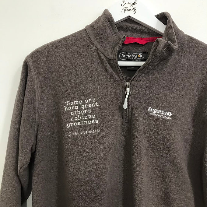 Size 12: Brown 1/4 Zip Sweat - Embroidered William Shakespeare Quote