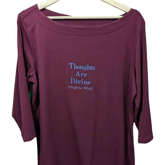 Size 18 Reworked Burgundy Top with Embroidered Virginia Woolf Quote