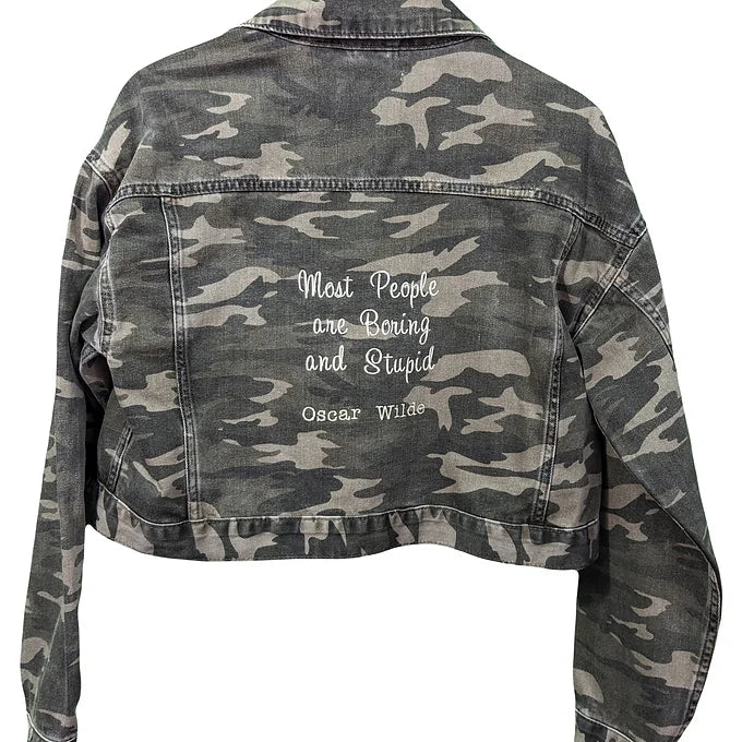 Size 14 Camo Cropped Jacket -Embroidered Oscar Wilde Quote