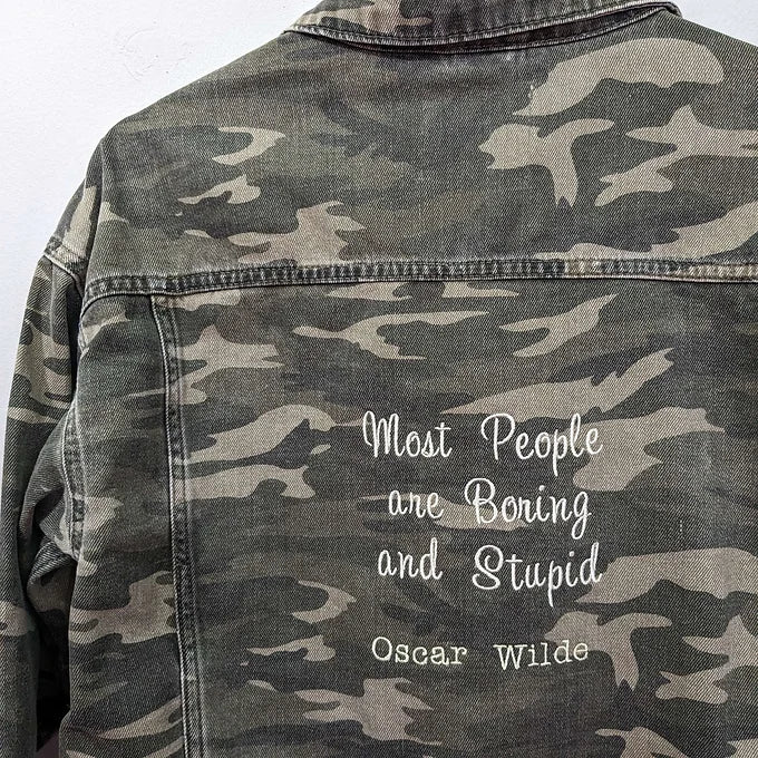 Size 14 Camo Cropped Jacket -Embroidered Oscar Wilde Quote