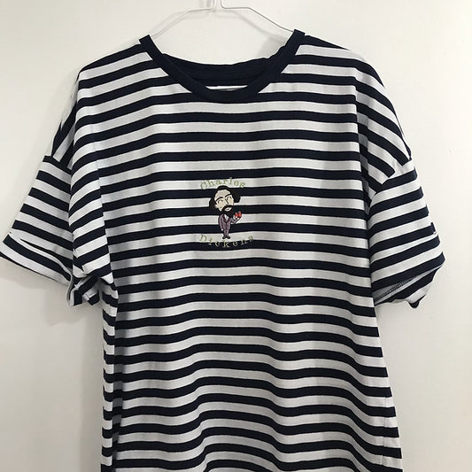 Size 16: White and Navy Stripe Tee with Embroidered Charles Dickens Illustration