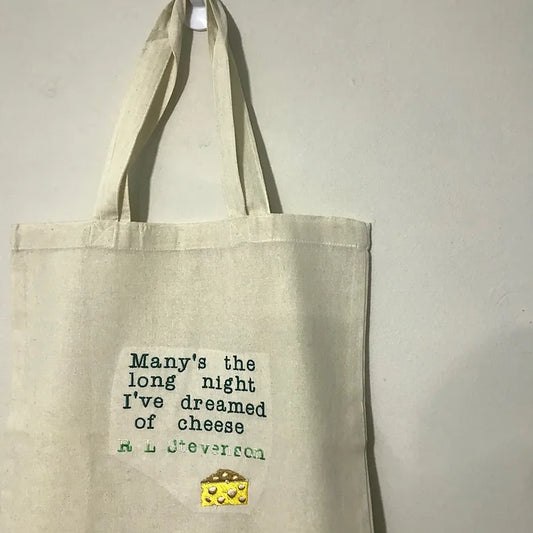 Cheese Embroidered Book Bag - Eco Tote Bag - Robert Louis Stevenson Quot