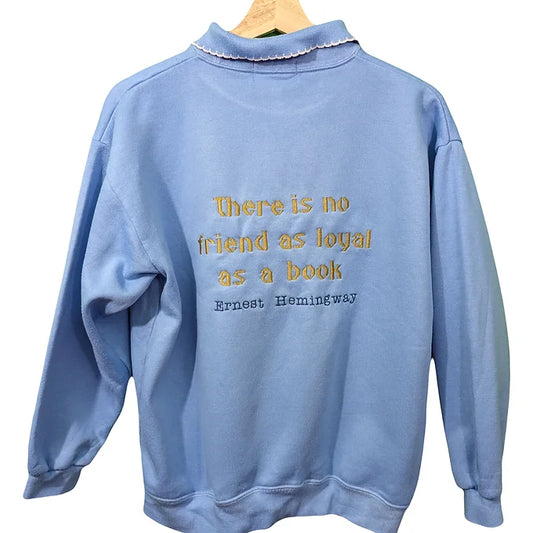 Size 10-12 Vintage Baby Blue Collar Sweatshirt - Embroidered Ernest Hemingway