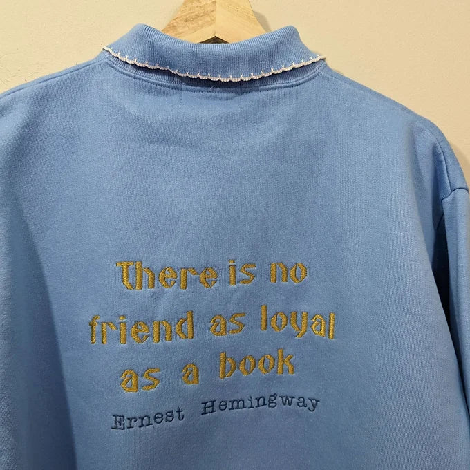 Size 10-12 Vintage Baby Blue Collar Sweatshirt - Embroidered Ernest Hemingway