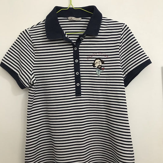 Size 10: White/Navy Striped Polo with Embroidered Charles Dickens Illustration