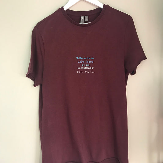 Size M: Burgundy Longline T-shirt with Bold Embroidered Edith Wharton Quote