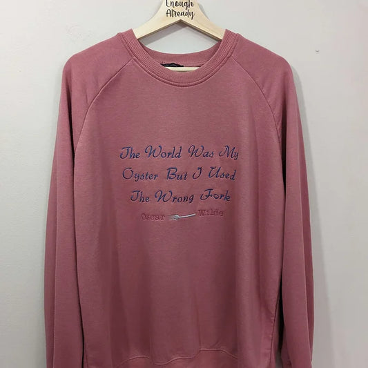 Size Large Reworked Blush Pink Sweatshirt-Embroidered Oscar Wilde Fork Quote