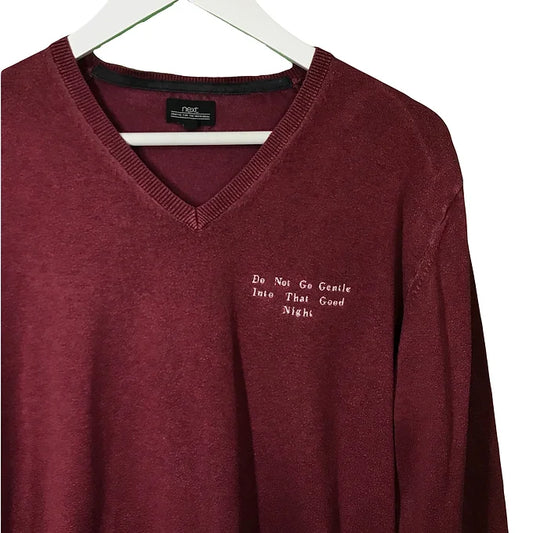 Size M Reworked Burgundy Jumper-Embroidered Dylan Thomas Quote