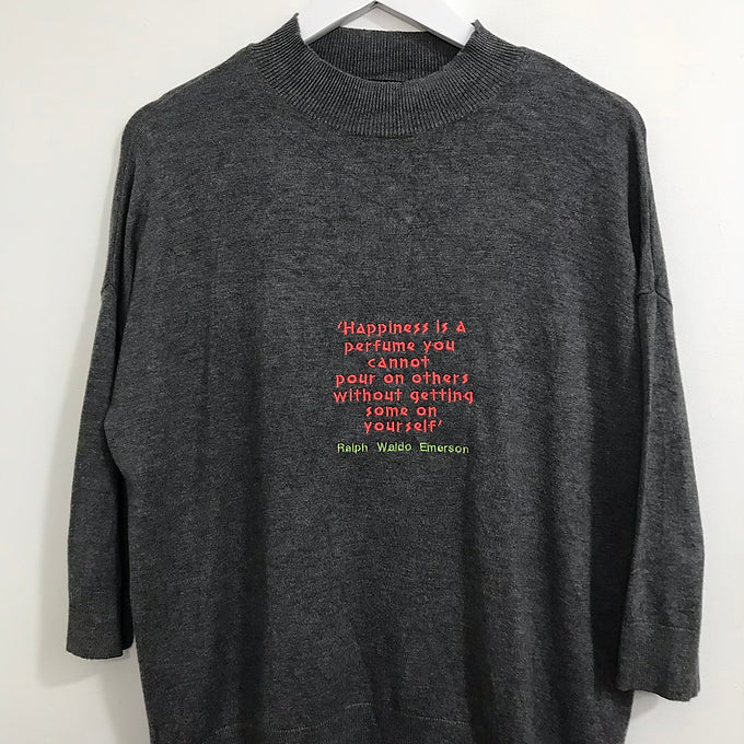 Size 14: Grey High Neck Jumper - Embroidered Ralph Waldo Emerson Quote