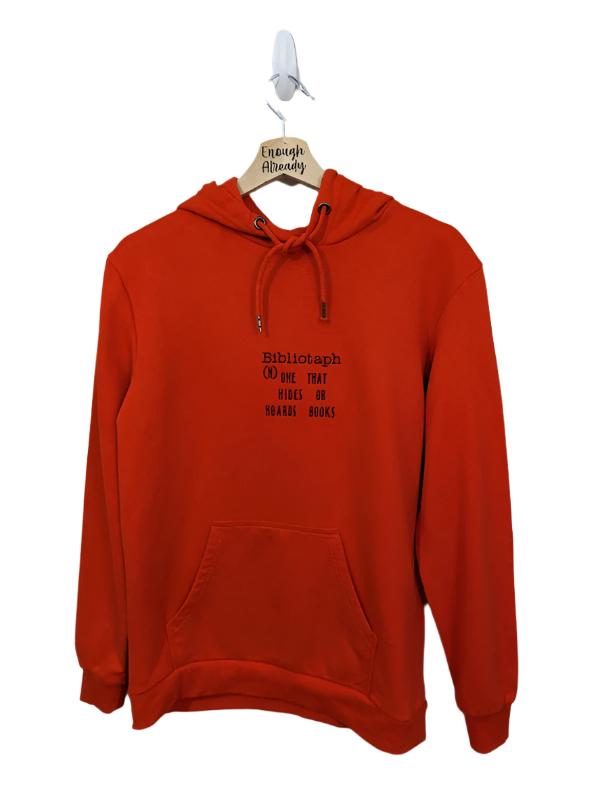 Size M Upcycled Orange/Red Hoodie-Embroidered Bibliotaph Definition