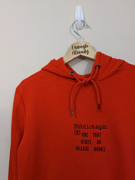 Size M Upcycled Orange/Red Hoodie-Embroidered Bibliotaph Definition