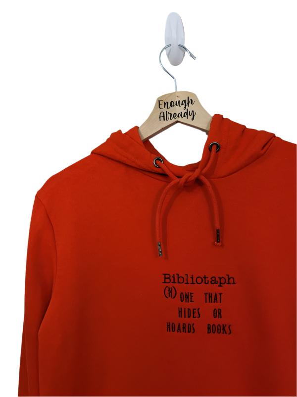 Size M Upcycled Orange/Red Hoodie-Embroidered Bibliotaph Definition