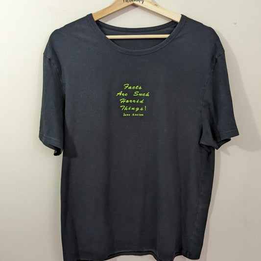Size Large Black Up-cycled Tee - Embroidered Jane Austen Design